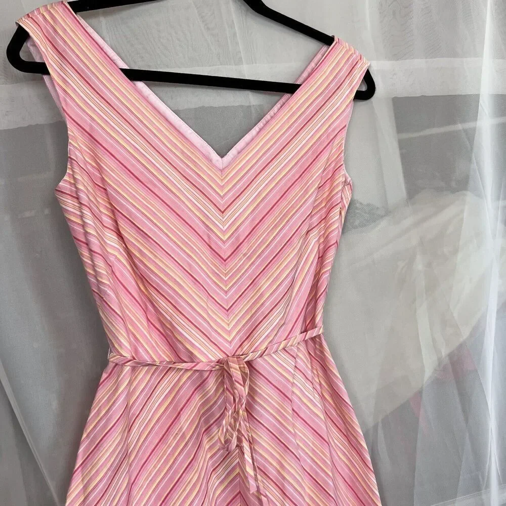London Times striped midi dress size 4 waist tie preppy classic feminine pink - Picture 5 of 12